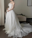 White simple and elegant tube top tulle A-line wedding dress HZ1022