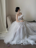 White simple and elegant tube top tulle A-line wedding dress HZ1022