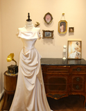 Simple satin champagne one-shoulder elegant fishtail wedding dress with small train HZ1022