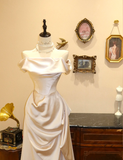 Simple satin champagne one-shoulder elegant fishtail wedding dress with small train HZ1022