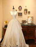 French Retro White Lace Off-shoulder Satin A-line Wedding Dress HZ1022