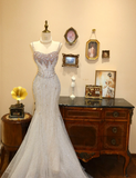 Elegant Strappy White Mermaid Tulle Beaded Wedding Dress HZ1022