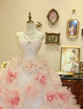 Princess Pink Strapless Floral A-Line Tulle Floor-Length Wedding Dress HZ1022