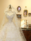Gentle Princess White Heart-Shaped Neck Lace Tulle A-Line Floor-Length Wedding Dress HZ1022