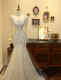 Glittering Square Neck Long Sleeve Mermaid Tulle Wedding Dress HZ1022