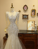 Glittering Square Neck Long Sleeve Mermaid Tulle Wedding Dress HZ1022