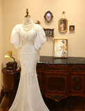 Vintage White Lace V-Neck Puff Sleeve Mermaid Wedding Dress HZ1022