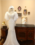 Vintage White Lace V-Neck Puff Sleeve Mermaid Wedding Dress HZ1022