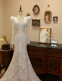 Elegant Vintage White Lace V-Neck Long Sleeve Mermaid Wedding Dress HZ1022