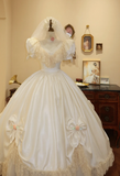 Princess White Retro V-neck Short Sleeve Satin Sweet Wedding Dress HZ1022