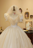 Princess White Retro V-neck Short Sleeve Satin Sweet Wedding Dress HZ1022