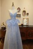 Elegant Blue Strapless Beaded A-Line Floor-Length Wedding Dress HZ1022