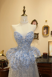 Elegant Blue Strapless Beaded A-Line Floor-Length Wedding Dress HZ1022