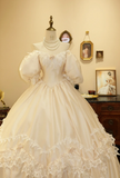 Vintage Champagne Off-the-shoulder Puff Sleeve Satin Lace Princess Wedding Dress HZ1022