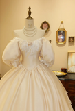 Vintage Champagne Off-the-shoulder Puff Sleeve Satin Lace Princess Wedding Dress HZ1022