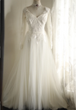 White Long Sleeve V-Neck Lace Tulle A-Line Floor-Length Wedding Dress HZ1022