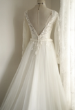 White Long Sleeve V-Neck Lace Tulle A-Line Floor-Length Wedding Dress HZ1022