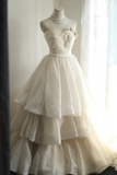 Champagne Color Sweetheart Neck Floral A-Line Layered Floor-Length Wedding Dress HZ1022