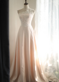 Light pink polka dot lace satin stitching A-line princess wedding dress HZ1022