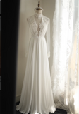 Vintage French Turtleneck Long Sleeve Chiffon Mesh Splicing Elegant Floor-Length Wedding Dress HZ1022