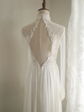 Vintage French Turtleneck Long Sleeve Chiffon Mesh Splicing Elegant Floor-Length Wedding Dress HZ1022
