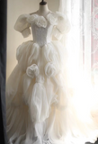 Princess Puff Sleeves Pleated Handmade Flower Tulle A-Line Wedding Dress HZ1022