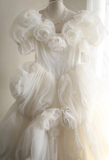 Princess Puff Sleeves Pleated Handmade Flower Tulle A-Line Wedding Dress HZ1022