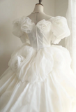 Princess Puff Sleeves Pleated Handmade Flower Tulle A-Line Wedding Dress HZ1022