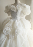 Princess Puff Sleeves Pleated Handmade Flower Tulle A-Line Wedding Dress HZ1022