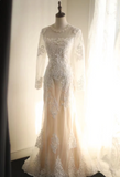 Long Sleeve French Court Round Neck Lace Mermaid Wedding Dress HZ1022