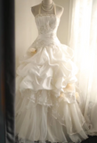 Retro palace irregular halter neck tulle layered ruffled A-line wedding dress HZ1022