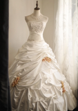 Retro palace irregular pleated white satin tube top A-line floor-length wedding dress HZ1022