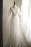 Elegant White Short Sleeve Vintage Palace Lace A-Line Wedding Dress HZ1022