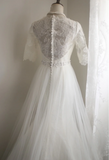 Elegant White Short Sleeve Vintage Palace Lace A-Line Wedding Dress HZ1022