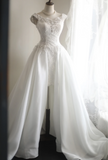 Retro short front and long back one shoulder beaded satin princess wedding dress HZ1022