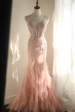 Sweet Pink Slim-Fit Fishtail Sequined Flower Layered Wedding Dress HZ1022