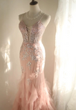 Sweet Pink Slim-Fit Fishtail Sequined Flower Layered Wedding Dress HZ1022
