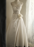 Vintage Sweetheart Neck Satin Beaded A-Line Floor-Length Wedding Dress HZ1022