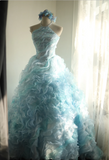 Vintage Heavy Blue Rose Beaded Layered Wood Ear Edge Puffy Princess Wedding Dress HZ1022
