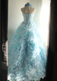 Vintage Heavy Blue Rose Beaded Layered Wood Ear Edge Puffy Princess Wedding Dress HZ1022