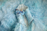 Vintage Heavy Blue Rose Beaded Layered Wood Ear Edge Puffy Princess Wedding Dress HZ1022