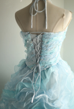 Vintage Heavy Blue Rose Beaded Layered Wood Ear Edge Puffy Princess Wedding Dress HZ1022