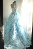 Vintage Heavy Blue Rose Beaded Layered Wood Ear Edge Puffy Princess Wedding Dress HZ1022