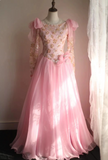 Pink Vintage Hand-beaded Long Sleeve Tulle A-line Floor-length Wedding Dress HZ1022
