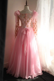 Pink Vintage Hand-beaded Long Sleeve Tulle A-line Floor-length Wedding Dress HZ1022