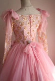 Pink Vintage Hand-beaded Long Sleeve Tulle A-line Floor-length Wedding Dress HZ1022