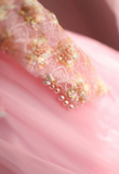 Pink Vintage Hand-beaded Long Sleeve Tulle A-line Floor-length Wedding Dress HZ1022