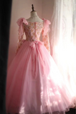 Pink Vintage Hand-beaded Long Sleeve Tulle A-line Floor-length Wedding Dress HZ1022
