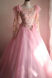 Pink Vintage Hand-beaded Long Sleeve Tulle A-line Floor-length Wedding Dress HZ1022