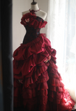 Retro warm red skirt puffy pleated handmade flower princess wedding dress HZ1022